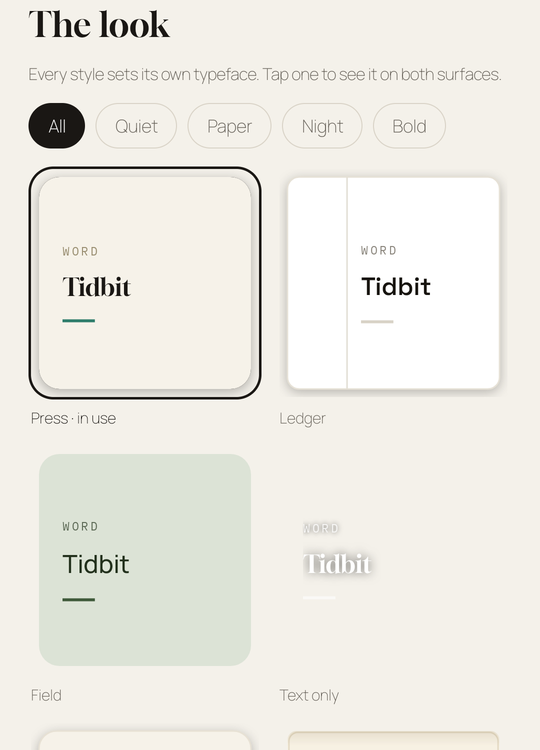 Tidbit's style gallery showing Press, Ledger, Field and Text only